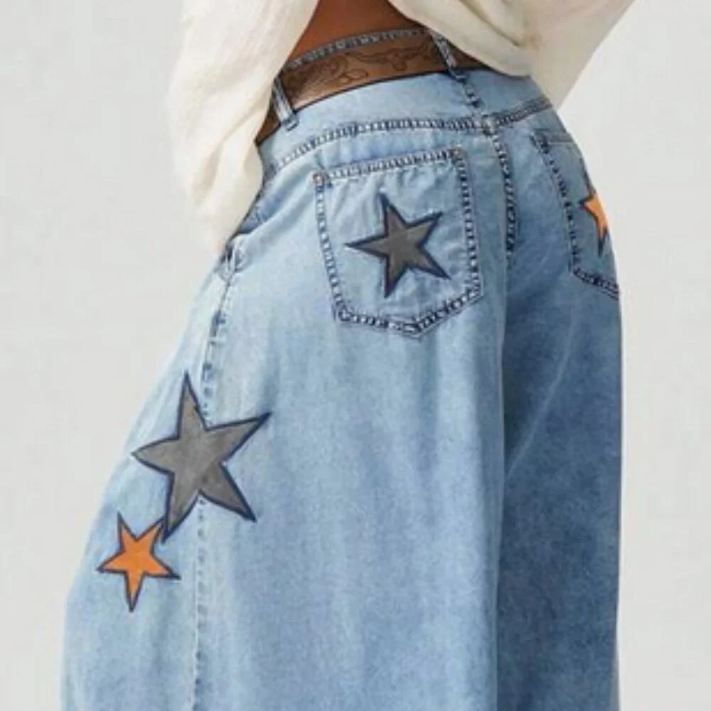 Super Wide Leg Star Patch BOHO Jeans  Size 8 - Picture 4 of 6